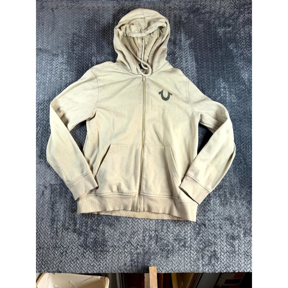 True Religion Buddha Hoodie Mens L Beige Streetwear Graphic on Back Sweatshirt